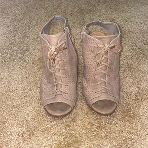 Brown open toe booties